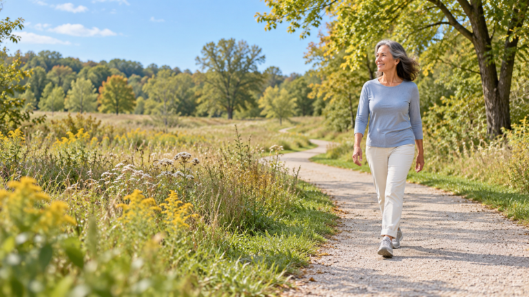 Woman walking along a sunlit meadow path bordered by wildflowers and trees.