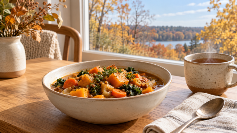 Warm vegetable stew and herbal tea beside a window overlooking golden autumn trees.